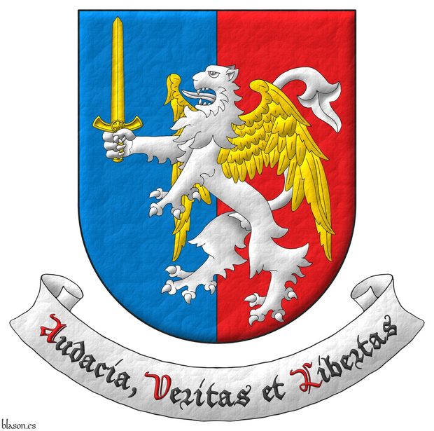 Party per pale Azure and Gules, overall a lion rampant Argent, winged Or, grasping in his dexter forepaw a sword erect Or. Motto: Audacia,Veritas et Libertas.