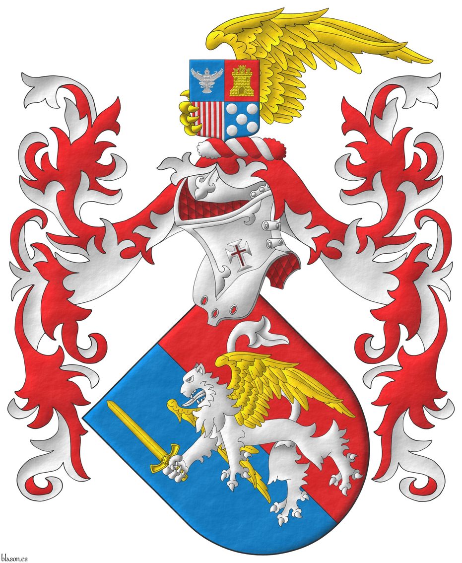 Escudo partido de azur y gules, brochante sobre el todo un len rampante de plata, alado de oro, teniendo en su garra diestra una espada alzada de oro. Timbrado de un yelmo forrado de gules, su babera cargada de una cruz latina patada y perforada de una cruz latina, y adornado de dos lambrequines de gules doblados de plata, un burelete de plata y gules, cimado de una garra alada de oro teniendo un escudete cuartelado: 1 de azur, un dios Garuda sentado de plata; 2 de gules, un castillo de oro, mazonado de sable; 3 de plata, seis palos de gules; 4 de azur, cinco bezantes de plata.