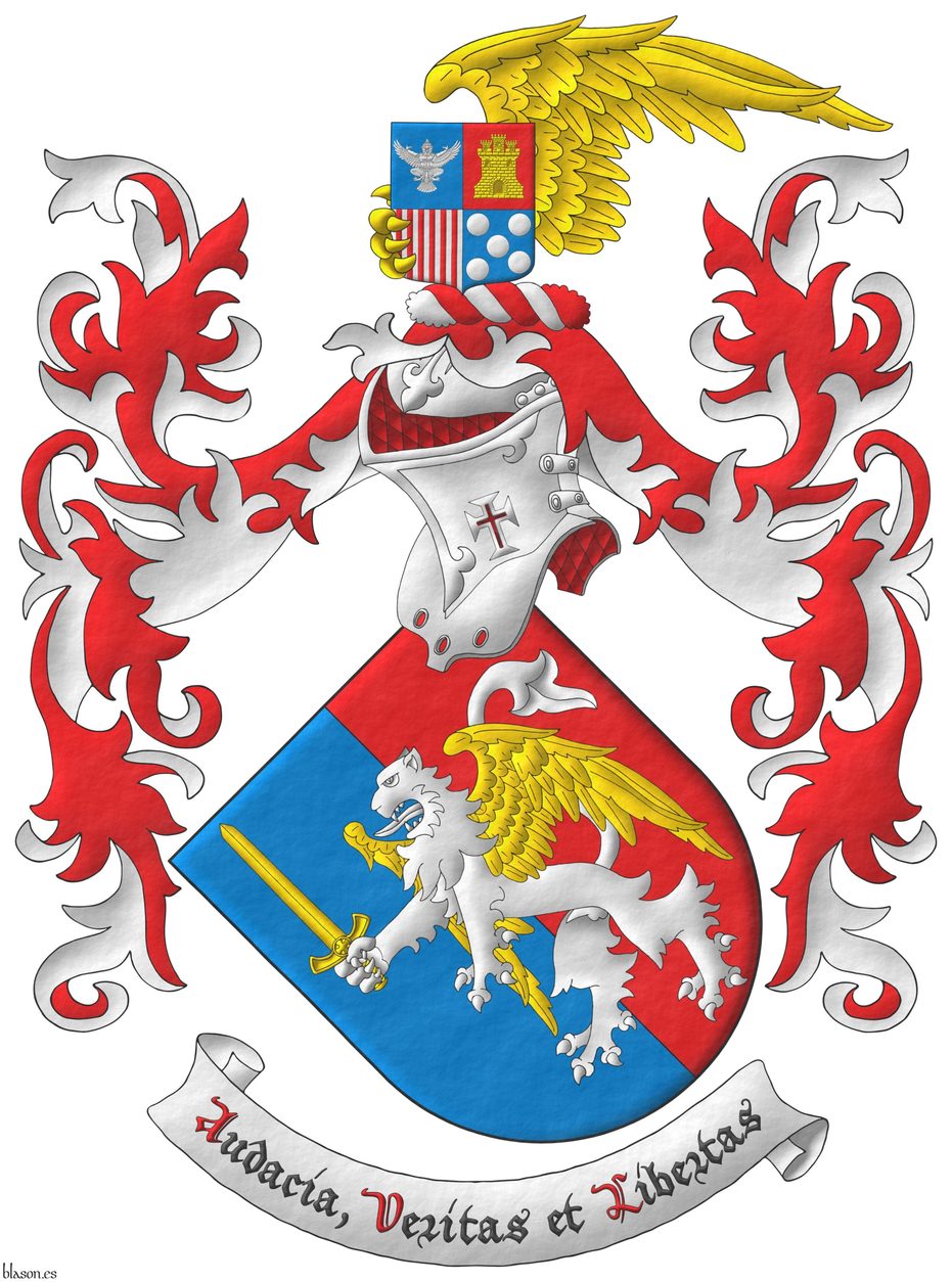 Escudo partido de azur y gules, brochante sobre el todo un len rampante de plata, alado de oro, teniendo en su garra diestra una espada alzada de oro. Timbrado de un yelmo forrado de gules, su babera cargada de una cruz latina patada y perforada de una cruz latina, y adornado de dos lambrequines de gules doblados de plata, un burelete de plata y gules, cimado de una garra alada de oro teniendo un escudete cuartelado: 1 de azur, un dios Garuda sentado de plata; 2 de gules, un castillo de oro, mazonado de sable; 3 de plata, seis palos de gules; 4 de azur, cinco bezantes de plata. Motto: Audacia,Veritas et Libertas.