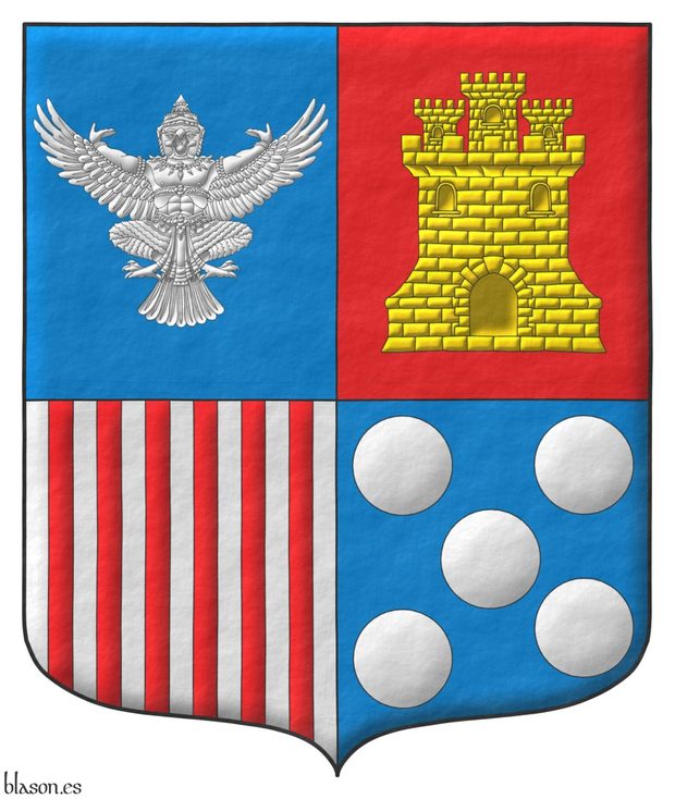 Escudete cuartelado: 1 de azur, un dios Garuda sentado de plata; 2 de gules, un castillo de oro, mazonado de sable; 3 de plata, seis palos de gules; 4 de azur, cinco bezantes de plata.