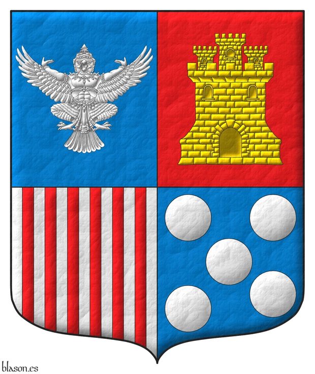 Escutcheon quarterly: 1 Azure, a god Garuda sejant Argent; 2 Gules, a castle triple-towered Or, masoned Sable; 3 Argent, six pallets Gules; 4 Azure, five plates.