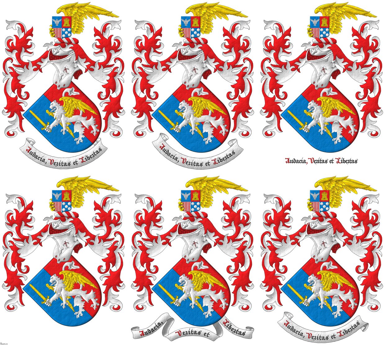 Party per pale Azure and Gules, overall a lion rampant Argent, winged Or, grasping in his dexter forepaw a sword erect Or. Crest: Upon a helm lined Gules, its bevor charged with a Latin cross patty and pierced with a Latin cross, and with a wreath Argent and Gules, a dexter winged forepaw Or, grasping an escutcheon quarterly: 1 Azure, a god Garuda sejant Argent; 2 Gules, a castle triple-towered Or, masoned Sable; 3 Argent, six pallets Gules; 4 Azure, five plates. Mantling: Gules doubled Argent. Motto: Audacia,Veritas et Libertas.