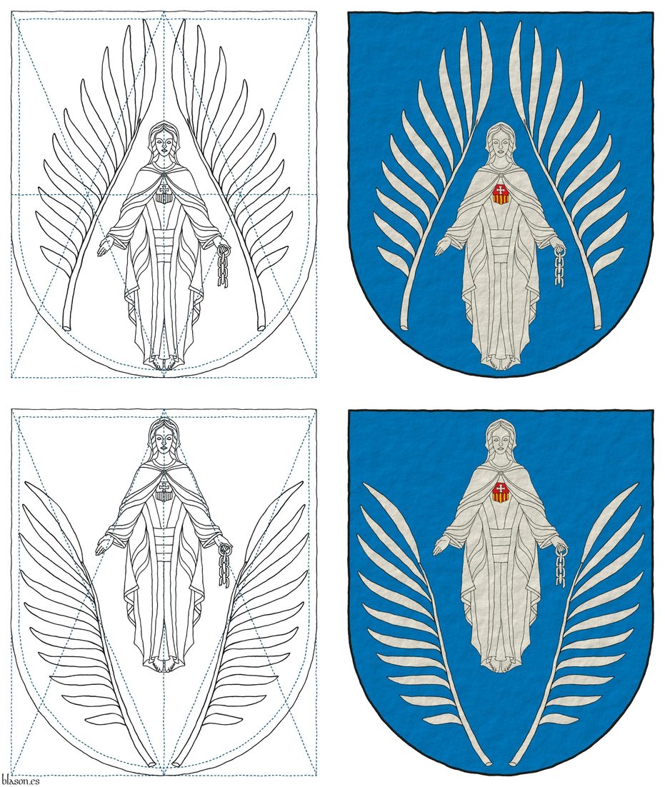 Azure, between two palm fronds in pile reversed a Lady of Mercy grasping in her sinister hand a broken chain Argent, and charged on the chest with an escutcheon per fess, 1 Gules, a cross patty Argent, and 2 Or, four pallets Gules.