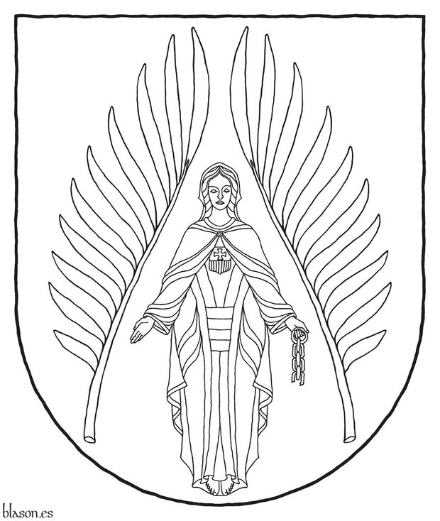 Azure, between two palm fronds in pile reversed a Lady of Mercy grasping in her sinister hand a broken chain Argent, and charged on the chest with an escutcheon per fess, 1 Gules, a cross patty Argent, and 2 Or, four pallets Gules.