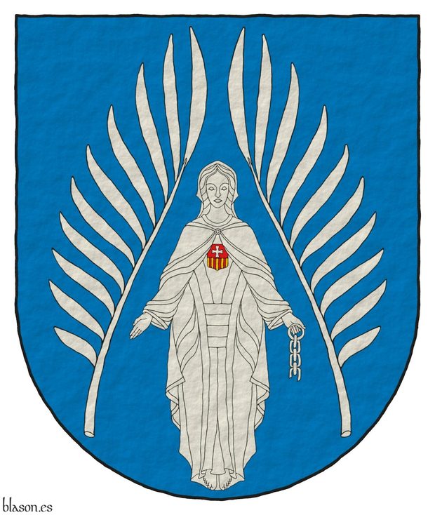 Azure, between two palm fronds in pile reversed a Lady of Mercy grasping in her sinister hand a broken chain Argent, and charged on the chest with an escutcheon per fess, 1 Gules, a cross patty Argent, and 2 Or, four pallets Gules.