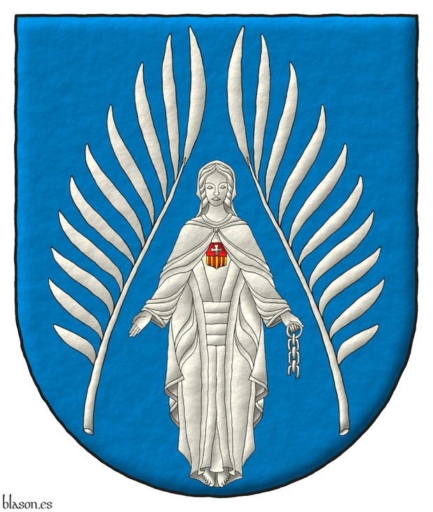 Azure, between two palm fronds in pile reversed a Lady of Mercy grasping in her sinister hand a broken chain Argent, and charged on the chest with an escutcheon per fess, 1 Gules, a cross patty Argent, and 2 Or, four pallets Gules.