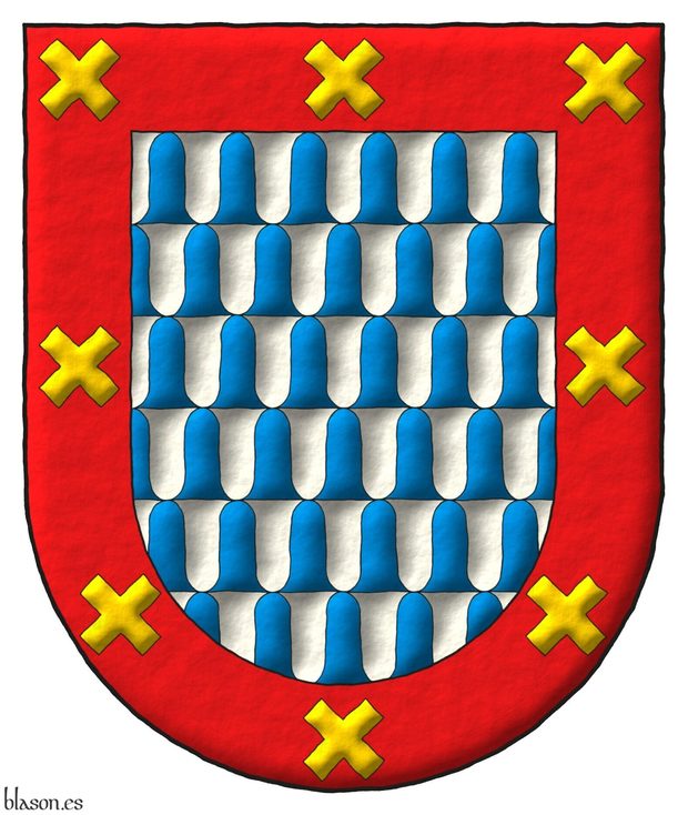 Escudo de veros antiguos, una bordura de Gules cargada de ocho sotueres cortados de oro.