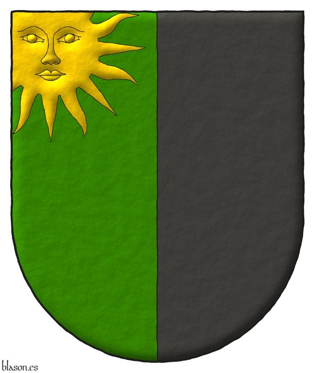 Escudo partido de sinople y sable, un sol de oro moviente de la diestra del jefe.