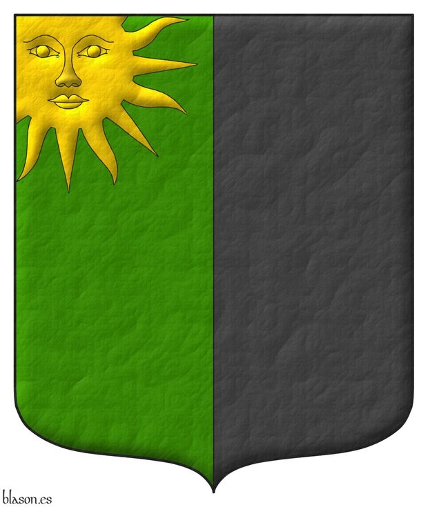 Party per pale Vert and Sable, a sun in splendour Or issuant from the dexter chief.