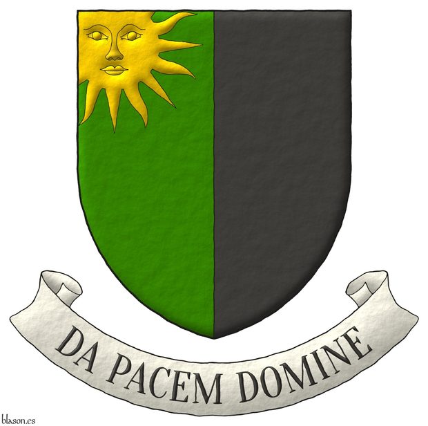 Escudo partido de sinople y sable, un sol de oro moviente de la diestra del jefe. Lema: Da Pacem Domine.