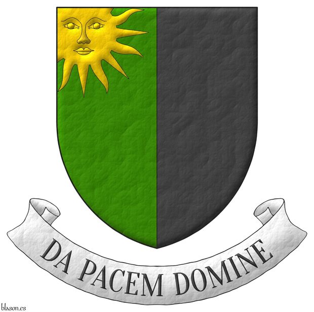 Party per pale Vert and Sable, a sun in splendour Or issuant from the dexter chief. Motto: Da Pacem Domine.