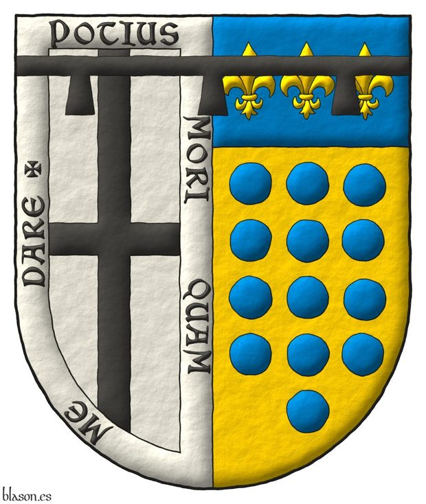 Interpreted coat of arms: with a semi-circular shape; illuminated with metals argent and or and colors sable and azure; outlined with sable; and a freehand finish.