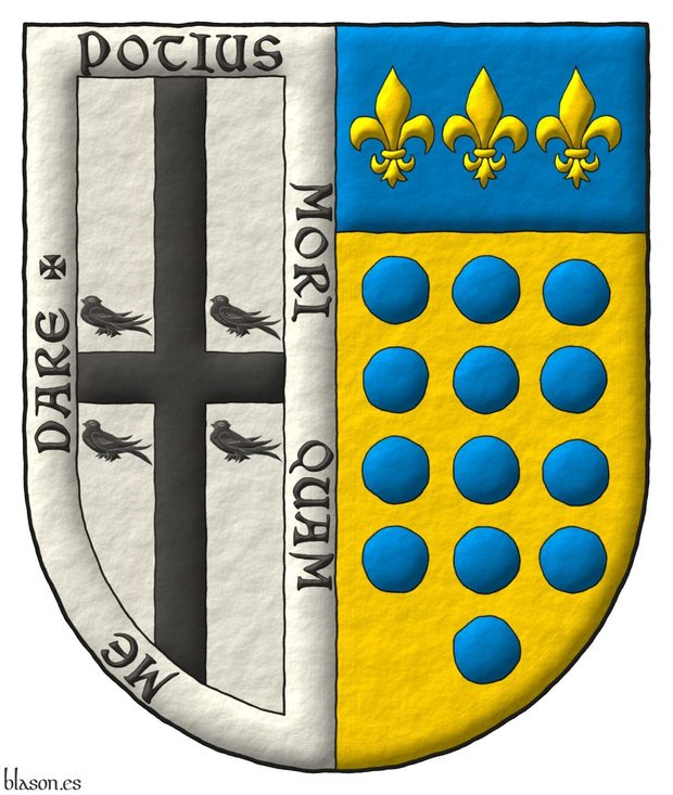 Interpreted coat of arms: with a semi-circular shape; illuminated with metals argent and or and colors sable and azure; outlined with sable; and a freehand finish.