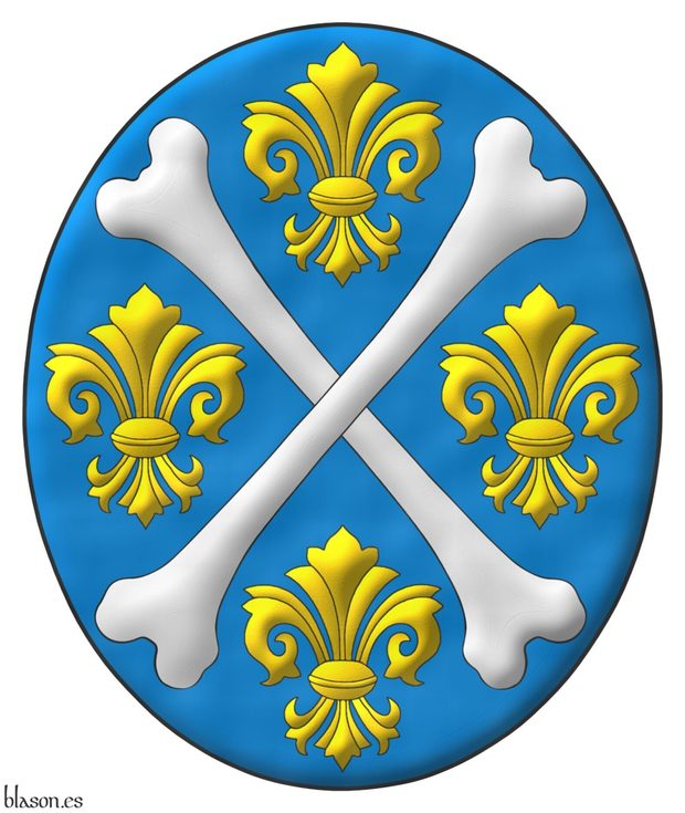 Escudo de azur, dos tibias al natural en sotuer, cantonadas de cuatro flores de lis de oro.