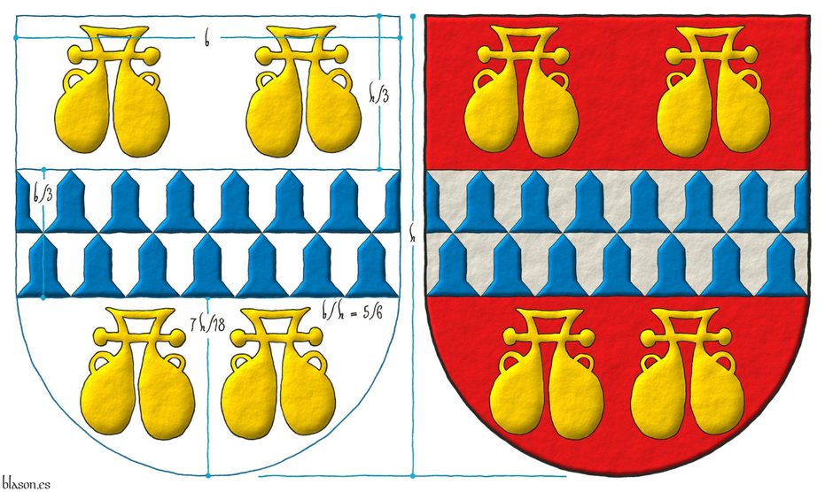 Escudo de gules, una faja de veros acompaada de cuatro pares de odres de oro, dos en jefe y dos en punta.