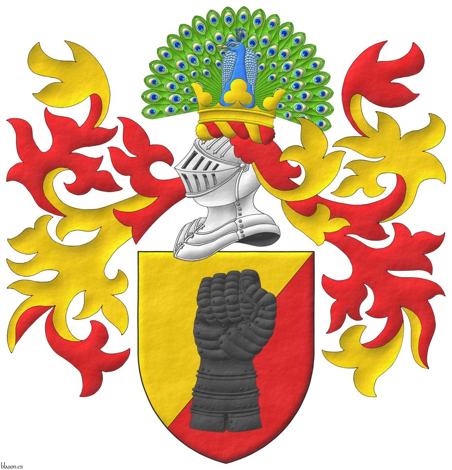 Party per bend sinister Or and Gules, a clenched gauntlet Sable. Crest: Upon a helm, with a wreath Or and Gules, a peacock in his splendour proper, on a coronet trefoiled Or. Mantling: Gules doubled Or.