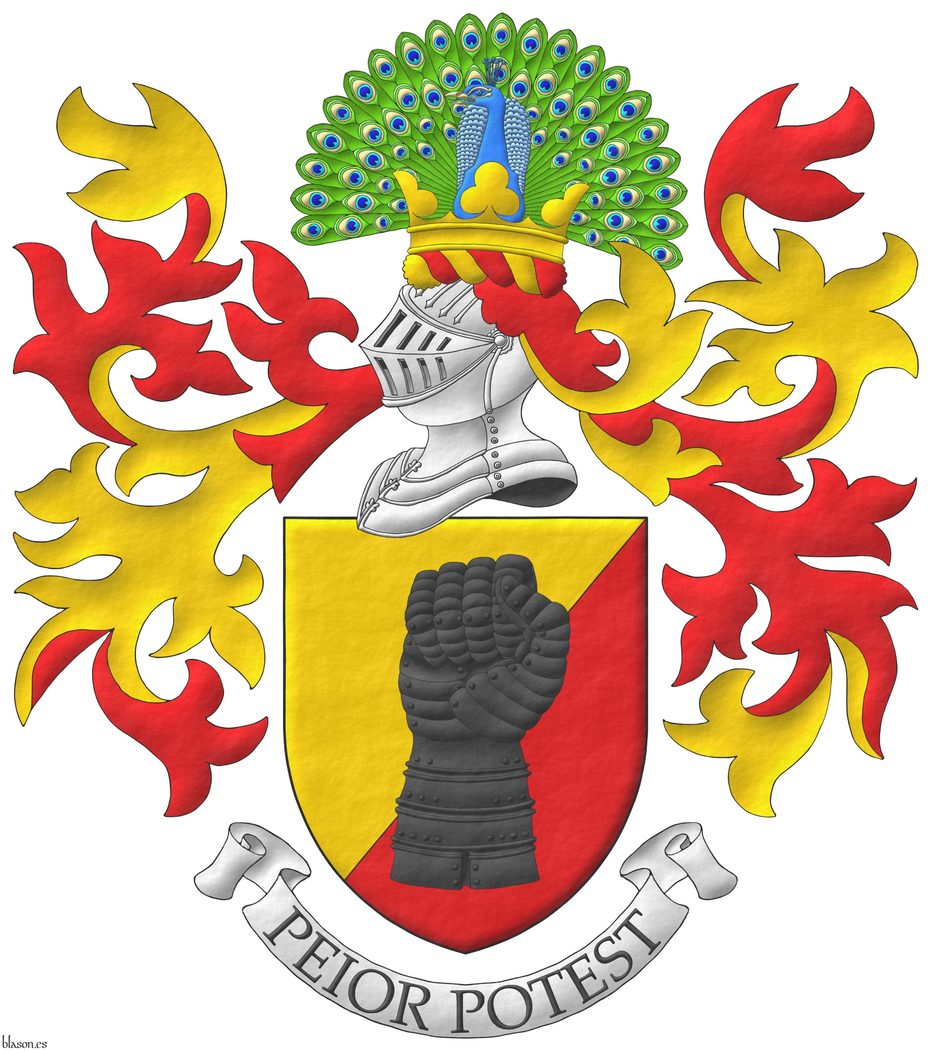 Party per bend sinister Or and Gules, a clenched gauntlet Sable. Crest: Upon a helm, with a wreath Or and Gules, a peacock in his splendour proper, on a coronet trefoiled Or. Mantling: Gules doubled Or. Motto: «Peior potest».
