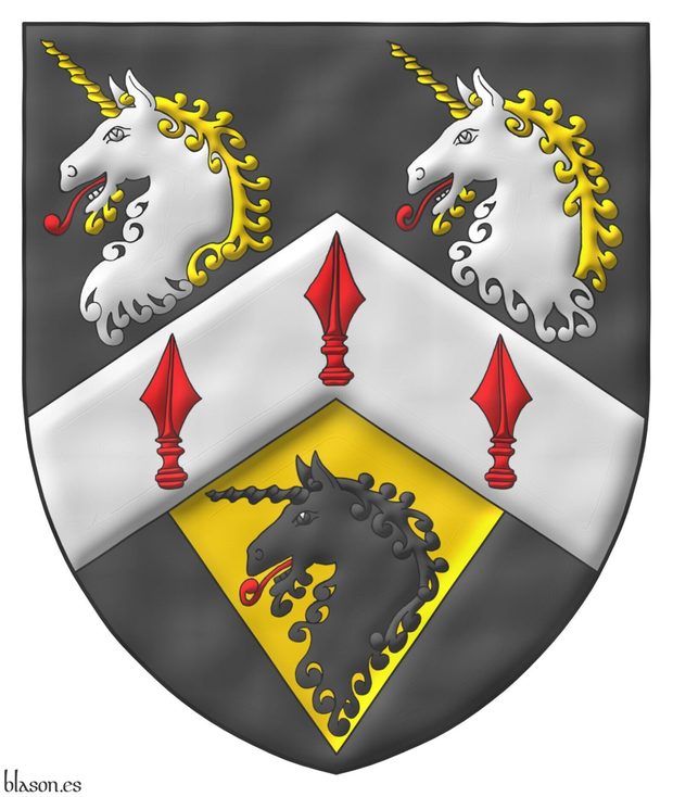 Sable, on a chevron Argent three spears' heads Gules, in chief two unicorns' heads erased Argent, horned and crined Or, langued Gules, in base on a pile of the last issuant from the chevron a unicorn head erased Sable, langued Gules.