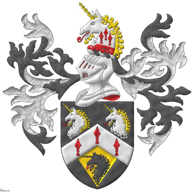 Sable, on a chevron Argent three spears' heads Gules, in chief two unicorns' heads erased Argent, horned and crined Or, langued Gules, in base on a pile of the last issuant from the chevron a unicorn head erased Sable, langued Gules. Crest: Upon a helm with a wreath Argent and Sable, a unicorn's head Argent, erased Gules, horned and crined Or, langued gules, charged upon the neck with three spears' heads cheveronwise Gules. Mantling: Sable doubled Argent.