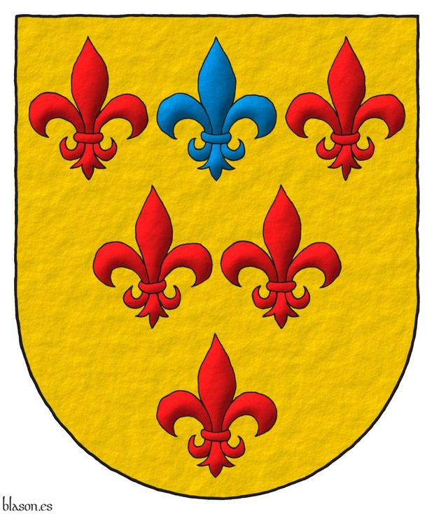 Or, six fleurs de lis, three, two, one, five Gules and one in the middle of the chief Azure.