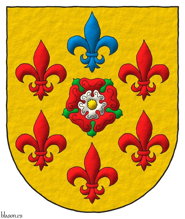 Or, a double rose Gules and Argent, barbed Vert, and seeded Or within six fleurs de lis in orle, five Gules and one in chief Azure.