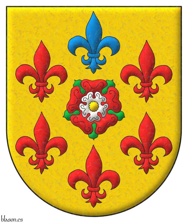 Or, a double rose Gules and Argent, barbed Vert, and seeded Or within six fleurs de lis in orle, five Gules and one in chief Azure.