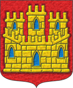 Escudo de gules, un castillo de oro, aclarado de azur, mazonado de sable.