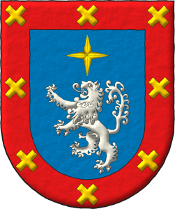 Escudo de azur, un len rampante de plata, surmontado de un lucero de oro; una bordura de gules cargada de ocho sotueres de oro.