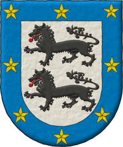 Escudo de plata, dos lobos pasantes, en palo de sable, lampasados de gules; una bordura de azur cargada de ocho estrellas de oro.