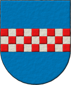 Escudo de azur, una faja ajedrezada de gules y plata.