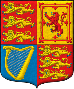 Escudo cuartelado: 1o y 4o de gules, tres leopardos en palo de oro, lampasados y armados de azur; 2o de oro, un len de gules, armado y lampasado de azur, encerrado en un trechor doble flordelisado y contraflordelisado de gules; 3o de azur, un arpa de oro cordada de plata.