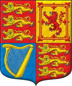 Escudo cuartelado: 1o y 4o de gules, tres leopardos en palo de oro, lampasados y armados de azur; 2o de oro, un len de gules, armado y lampasado de azur, encerrado en un trechor doble flordelisado y contraflordelisado de gules; 3o de azur, un arpa de oro cordada de plata.