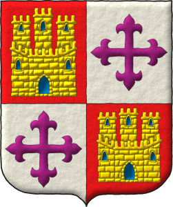 Escudo de cuartelado: 1o y 4o de gules, un castillo de oro, aclarado de azur, mazonado de sable; 2o y 3o de plata, una cruz flordelisada de prpura.