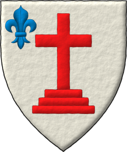 Escudo de plata, una cruz de calvario de gules, en la diestra del jefe, una flor de lis de azur.