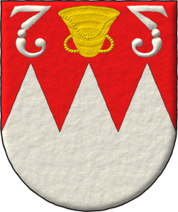 Escudo cortado de gules, encajado de tres piezas enteras de plata, en jefe, un aventador ranversado de oro acompaado de dos lancetas adosadas de plata.