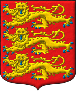 Escudo de gules, tres leopardos en palo de oro, armados y lampasados de azur.