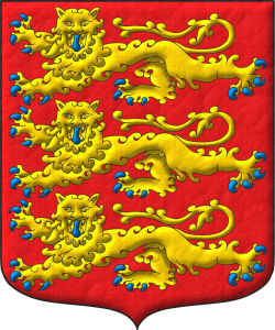 Escudo de gules, tres leopardos en palo de oro, armados y lampasados de azur.