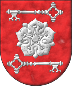 Escudo de gules, una rosa acompaada en jefe de una llave con el dentado hacia la diestra y abajo, en punta de una llave con el dentado hacia la siniestra y abajo, todo de plata.