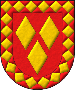 Escudo de gules, tres losanjes de oro; una bordura losanjada de gules y oro.