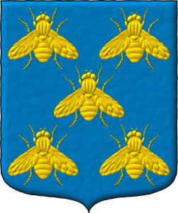 Escudo de azur, cinco moscas puestas en sotuer de oro.