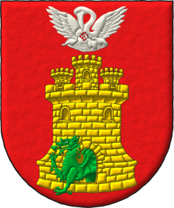 Escudo de gules, un castillo de oro, mazonado de sable y saliendo por su puerta un dragn pasante de sinople, en jefe un pelcano desplegado de plata, la piedad de gules.