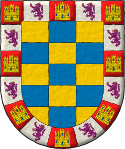 Escudo ajedrezado de quince piezas de oro y azur; una bordura componada de diecisis compones, ocho de gules, un castillo de oro, aclarado de azur, mazonado de sable, ocho de plata, un len rampante de prpura, coronado de oro, armado y lampasado de gules.