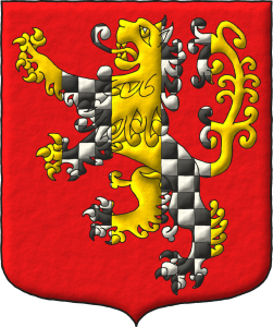 Escudo de gules, un len rampante de oro, cargado de un palo gemelado ajedrezado de plata y sable.