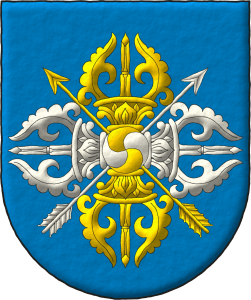 Escudo de azur, dos flechas alzadas en sotuer, la flecha puesta en banda de oro, la flecha puesta en barra de plata, brochante sobre el todo una vajra doble cuartelada en sotuer de oro y plata cargada de un bezante cuartelado en sotuer curvilneo de oro y plata.