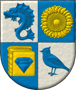 Escudo cuartelado: 1o de plata, un delfn hauriante de azur; 2o de azur, un girasol de oro; 3o de azur, un libro cerrado de oro cargado de un diamante de azur; 4o de plata, una alondra de azur.