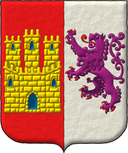 Escudo partido: 1o de gules, un castillo de oro, aclarado de azur, mazonado de sable; 2o de plata, un len rampante de prpura, armado y lampasado de gules.