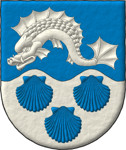 Escudo cortado ondado: 1o de azur, un delfn nadante; 2o de plata, tres veneras de azur.