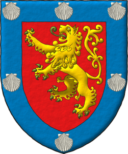 Escudo de gules, un len rampante de oro, lampasado y armado de sinople; una bordura de azur cargada de seis veneras de plata.