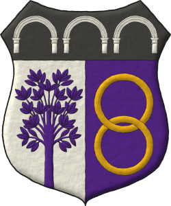 Escudo partido: 1o de plata, un rbol moviente de la punta de morado; 2o de morado, dos anilletes entrelazos, en palo de oro; en un jefe de sable, tres arcos de plata.