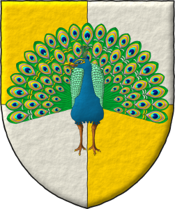 Escudo cuartelado de oro y plata, sobre el todo un pavo real ruante al natural.